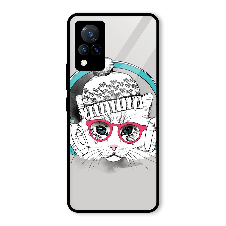 Cat Headphones Glass Back Case for Vivo V21 5G