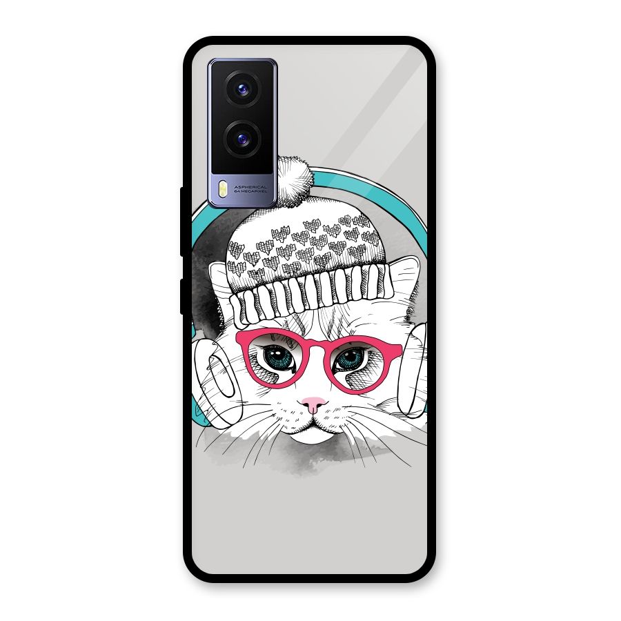 Cat Headphones Glass Back Case for Vivo V21e 5G
