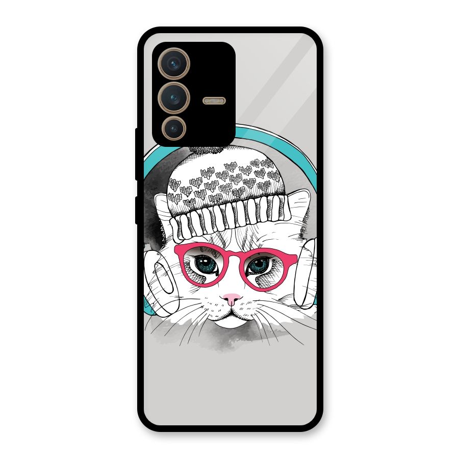 Cat Headphones Glass Back Case for Vivo V23 5G