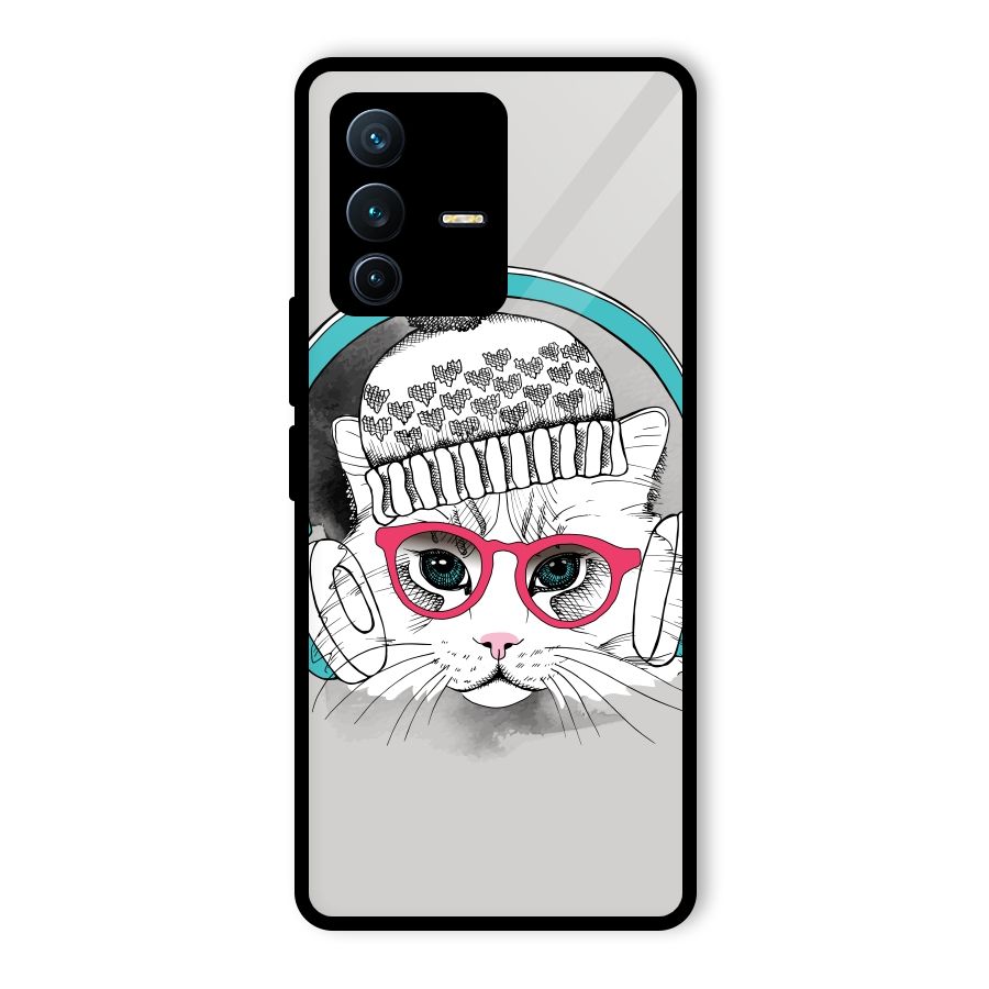 Cat Headphones Glass Back Case for Vivo V23 Pro