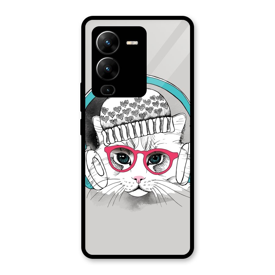 Cat Headphones Glass Back Case for Vivo V25 Pro