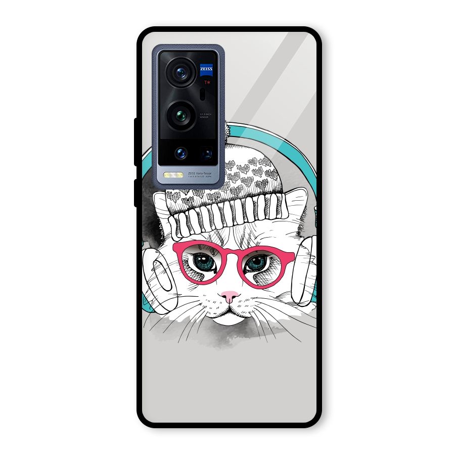 Cat Headphones Glass Back Case for Vivo X60 Pro Plus