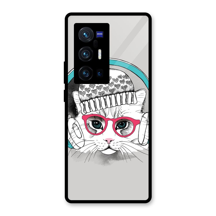 Cat Headphones Glass Back Case for Vivo X70 Pro Plus