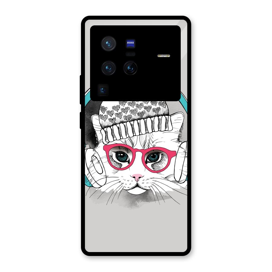 Cat Headphones Glass Back Case for Vivo X80 Pro