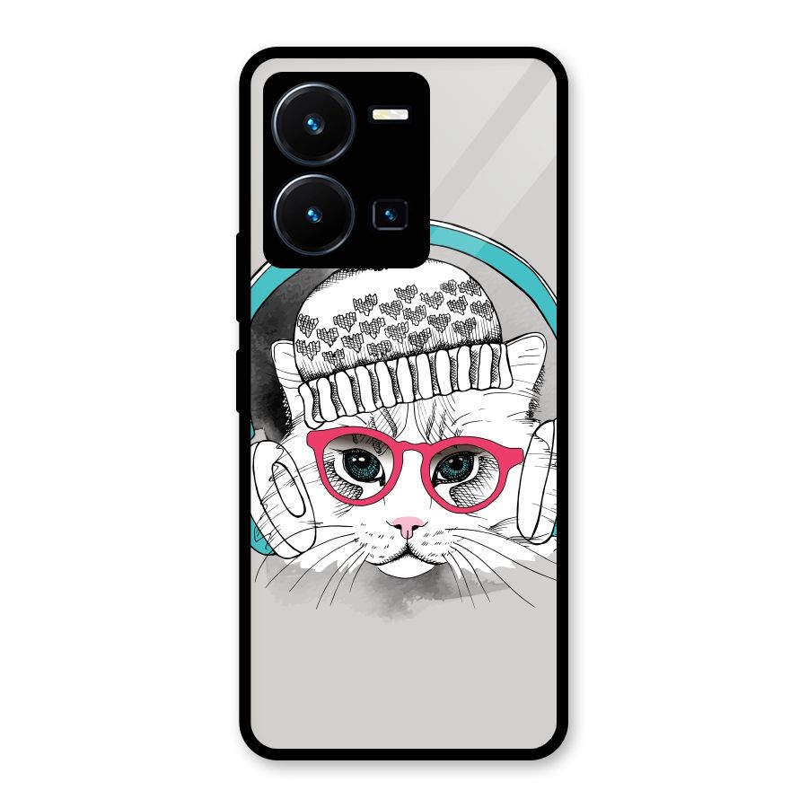 Cat Headphones Glass Back Case for Vivo Y35