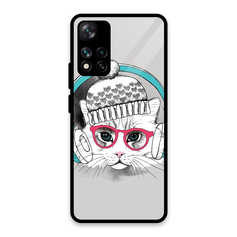 Cat Headphones Glass Back Case for Xiaomi 11i HyperCharge 5G