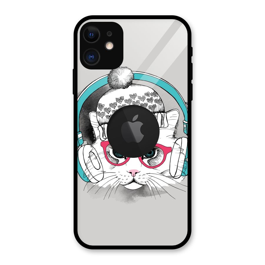 Cat Headphones Glass Back Case for iPhone 11 Logo Cut
