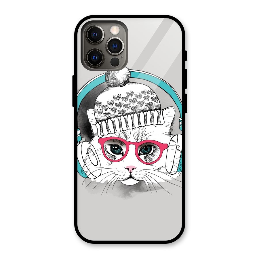 Cat Headphones Glass Back Case for iPhone 12 Pro