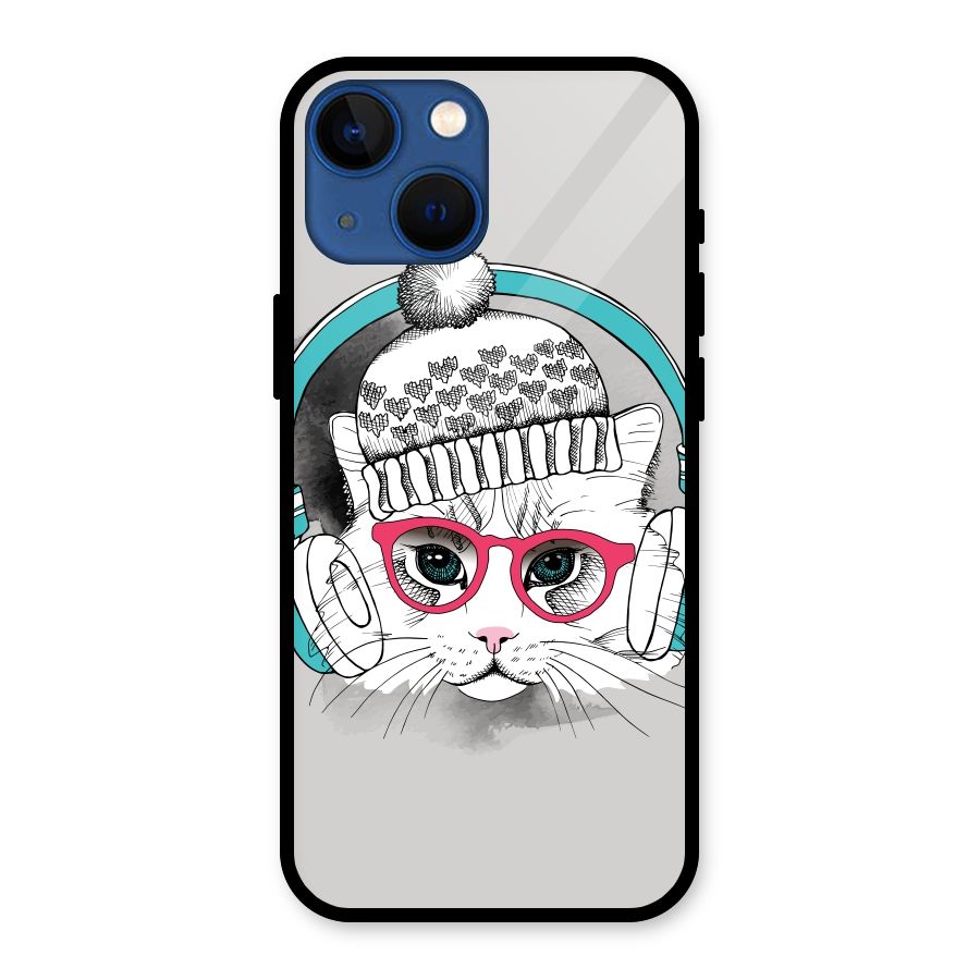 Cat Headphones Glass Back Case for iPhone 13 Mini