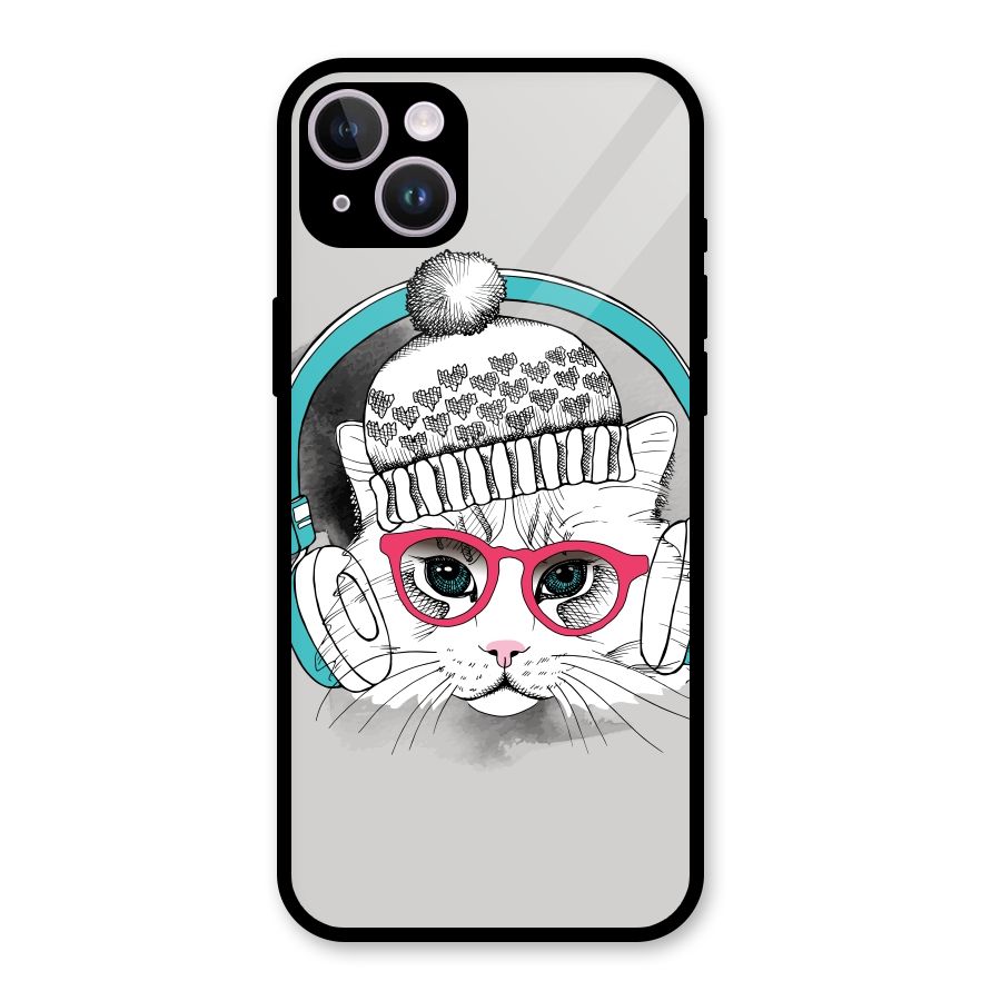 Cat Headphones Glass Back Case for iPhone 14 Plus