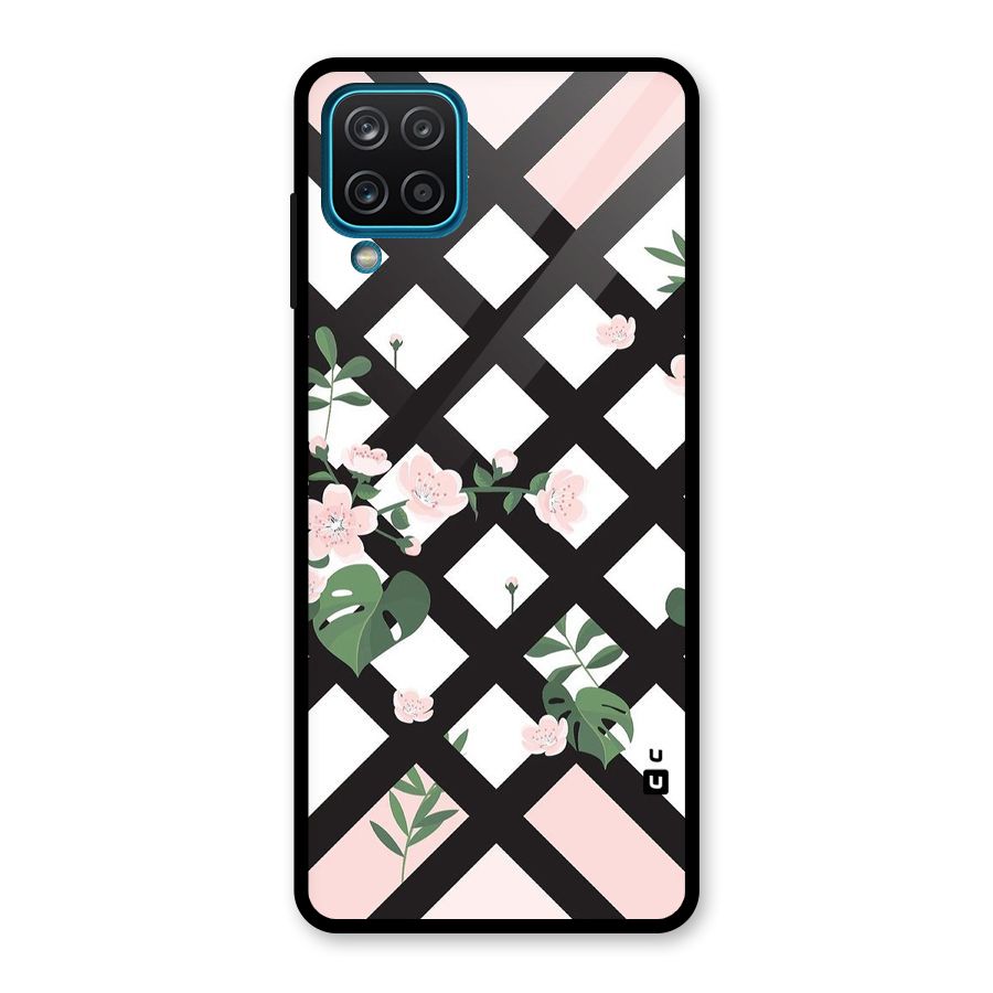 Check Floral Stripes Glass Back Case for Galaxy A12
