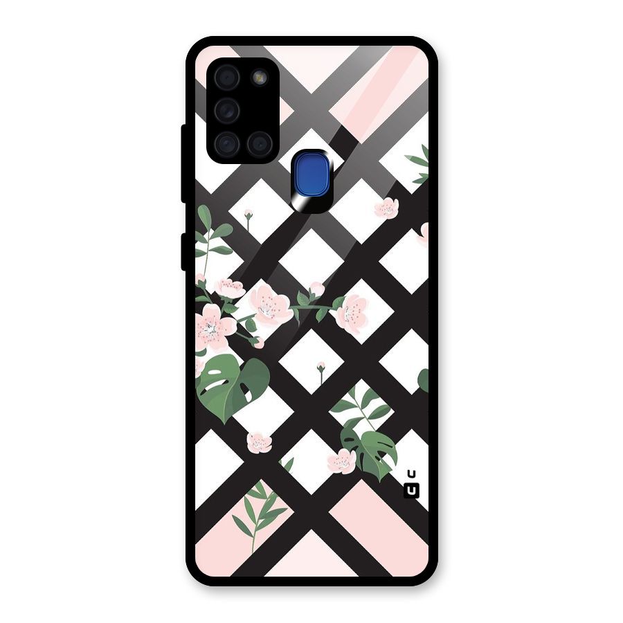 Check Floral Stripes Glass Back Case for Galaxy A21s