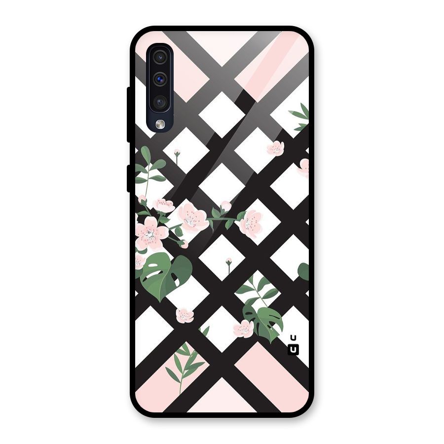 Check Floral Stripes Glass Back Case for Galaxy A50