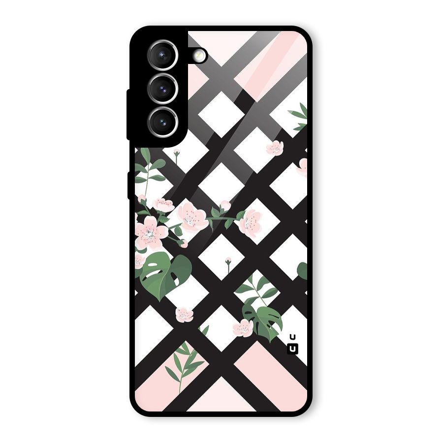 Check Floral Stripes Glass Back Case for Galaxy S21 5G