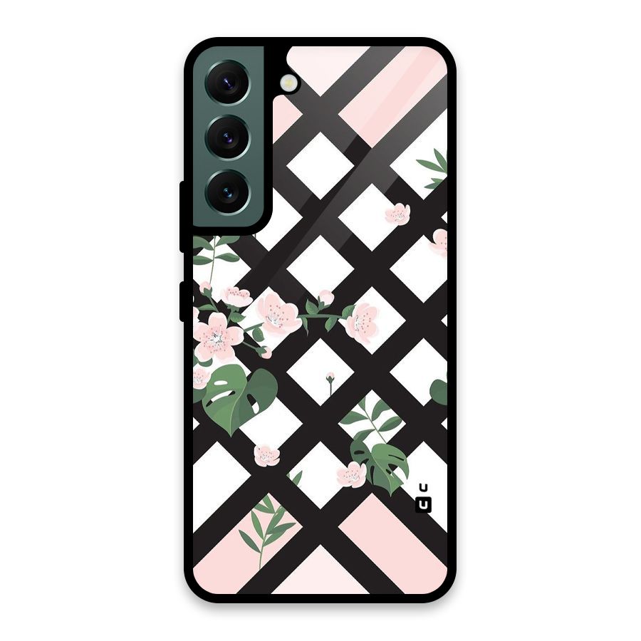 Check Floral Stripes Glass Back Case for Galaxy S22 5G