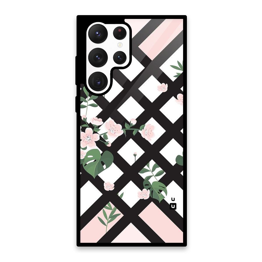 Check Floral Stripes Glass Back Case for Galaxy S22 Ultra 5G