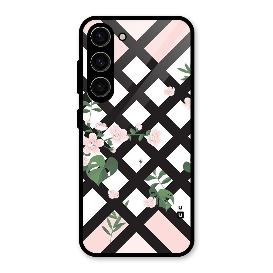 Check Floral Stripes Glass Back Case for Galaxy S23