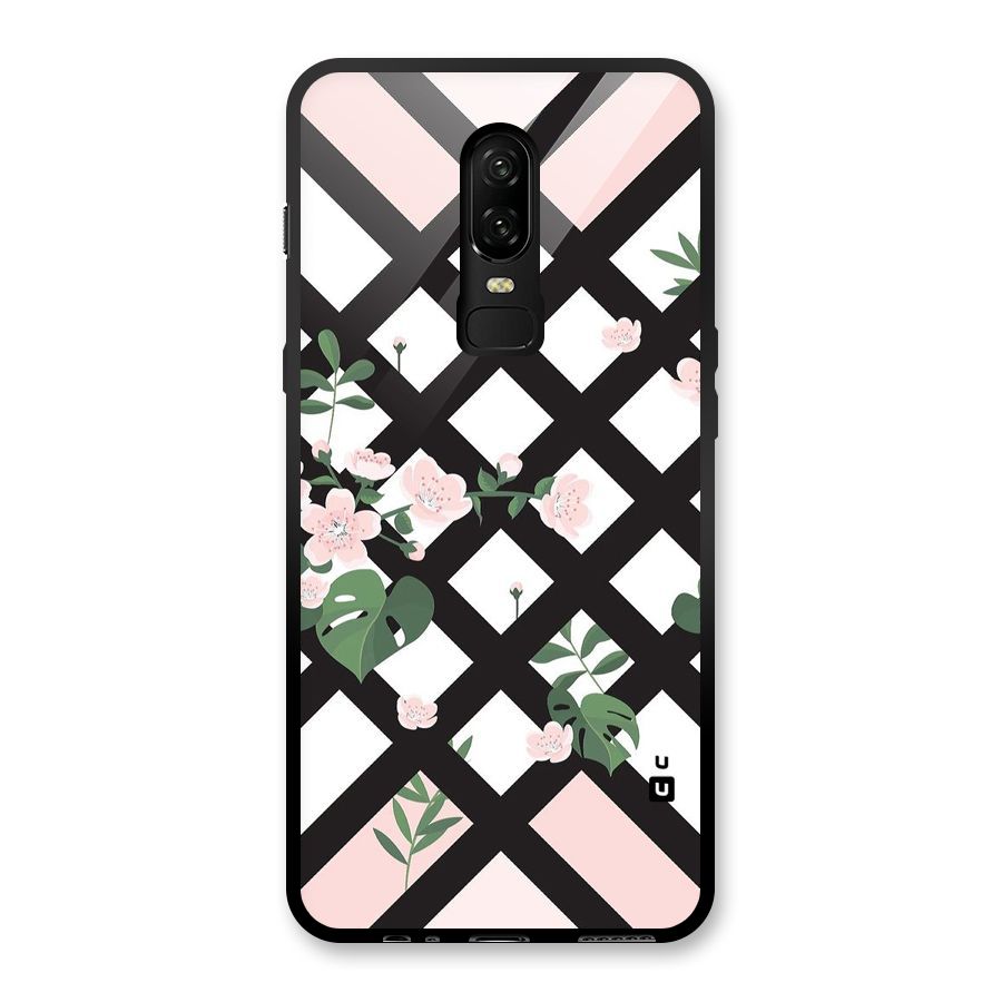 Check Floral Stripes Glass Back Case for OnePlus 6
