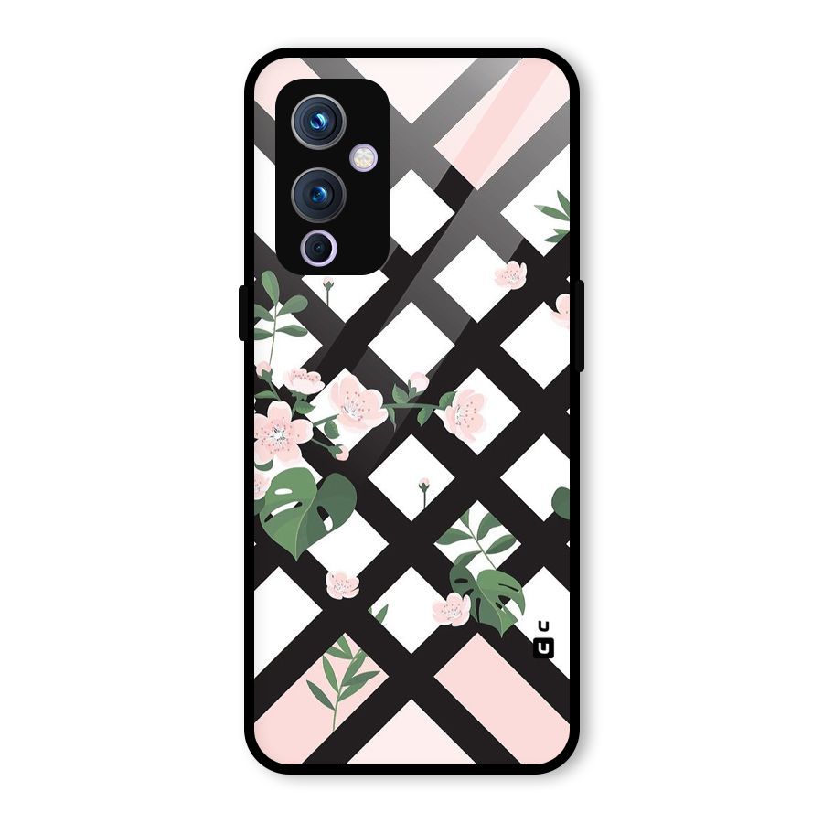 Check Floral Stripes Glass Back Case for OnePlus 9