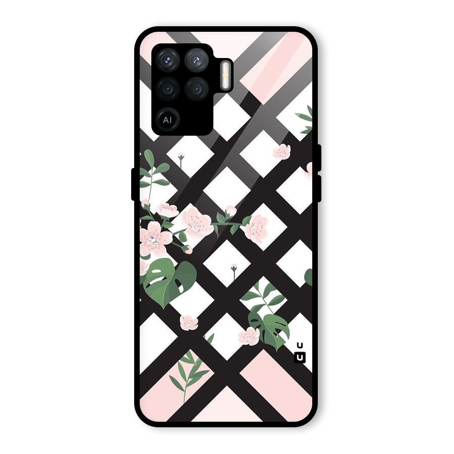Check Floral Stripes Glass Back Case for Oppo F19 Pro