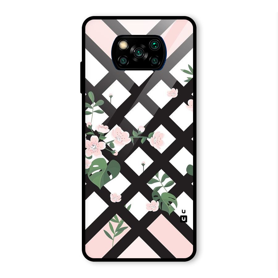 Check Floral Stripes Glass Back Case for Poco X3 Pro
