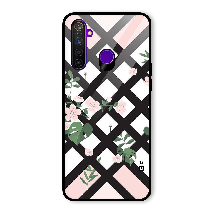 Check Floral Stripes Glass Back Case for Realme 5 Pro