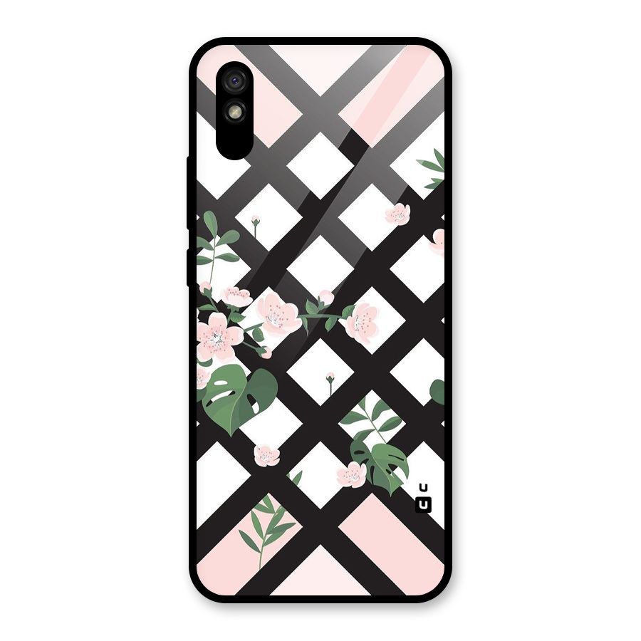Check Floral Stripes Glass Back Case for Redmi 9A