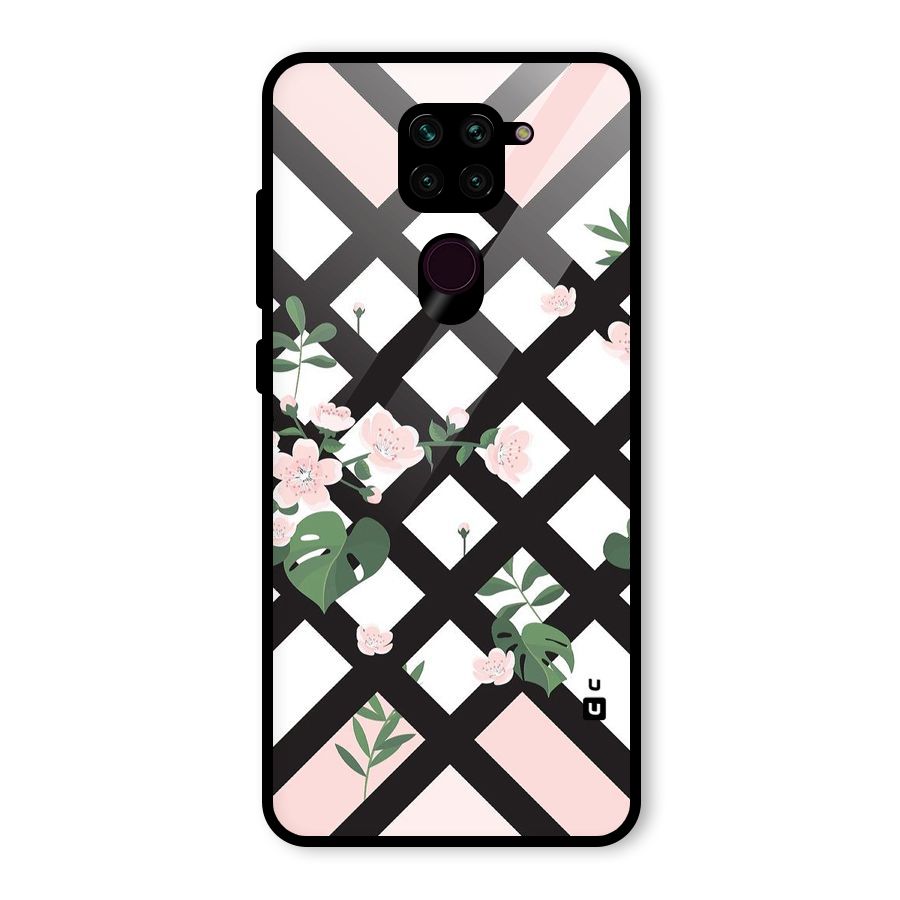 Check Floral Stripes Glass Back Case for Redmi Note 9