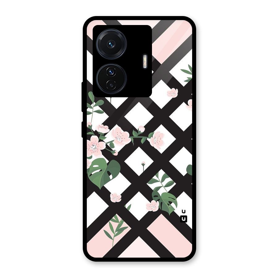 Check Floral Stripes Glass Back Case for Vivo T1 Pro