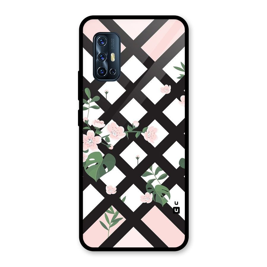 Check Floral Stripes Glass Back Case for Vivo V17