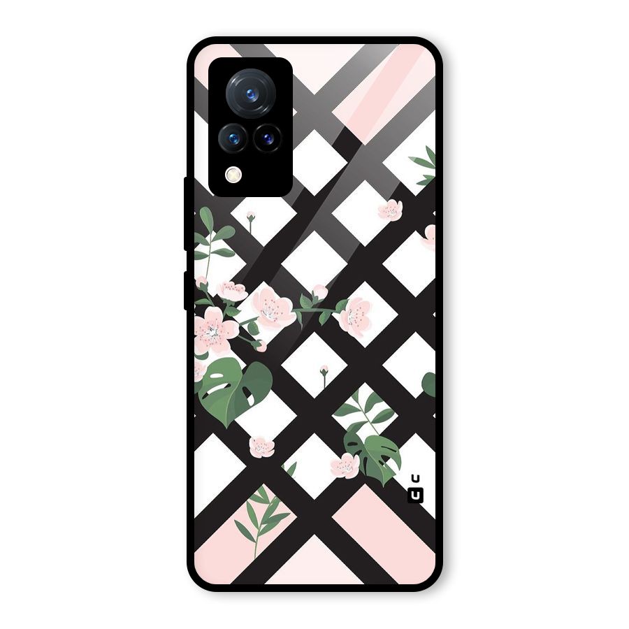 Check Floral Stripes Glass Back Case for Vivo V21 5G