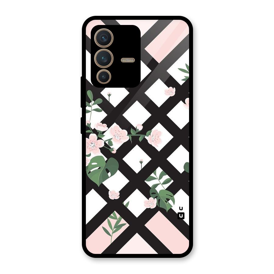 Check Floral Stripes Glass Back Case for Vivo V23 5G