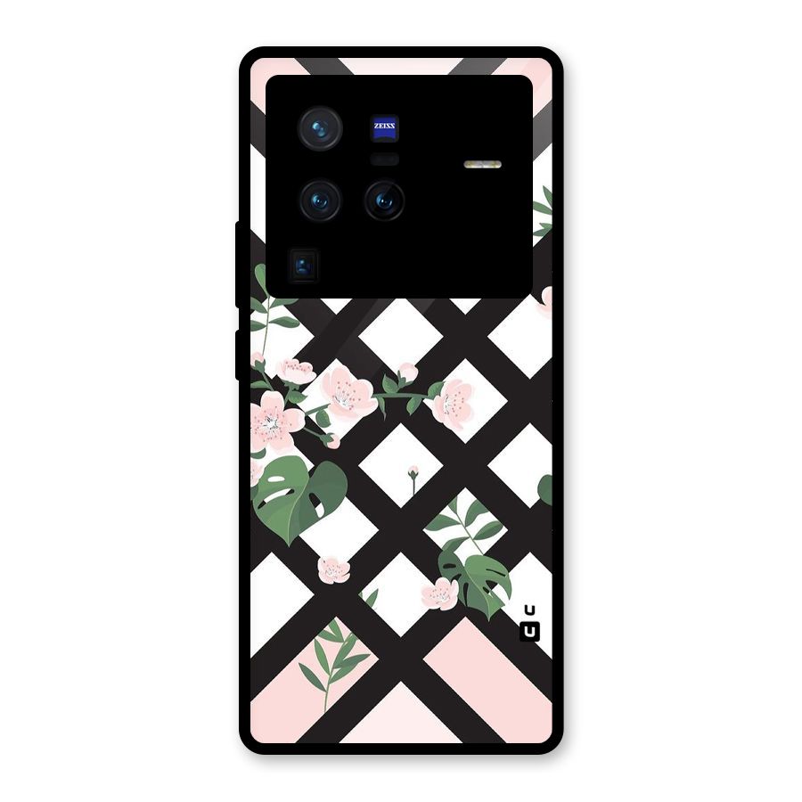 Check Floral Stripes Glass Back Case for Vivo X80 Pro