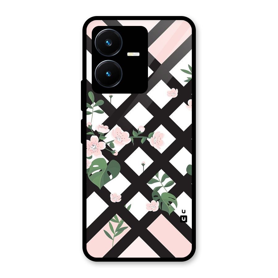 Check Floral Stripes Glass Back Case for Vivo Y22