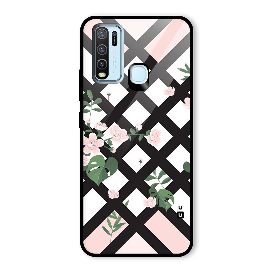 Check Floral Stripes Glass Back Case for Vivo Y30