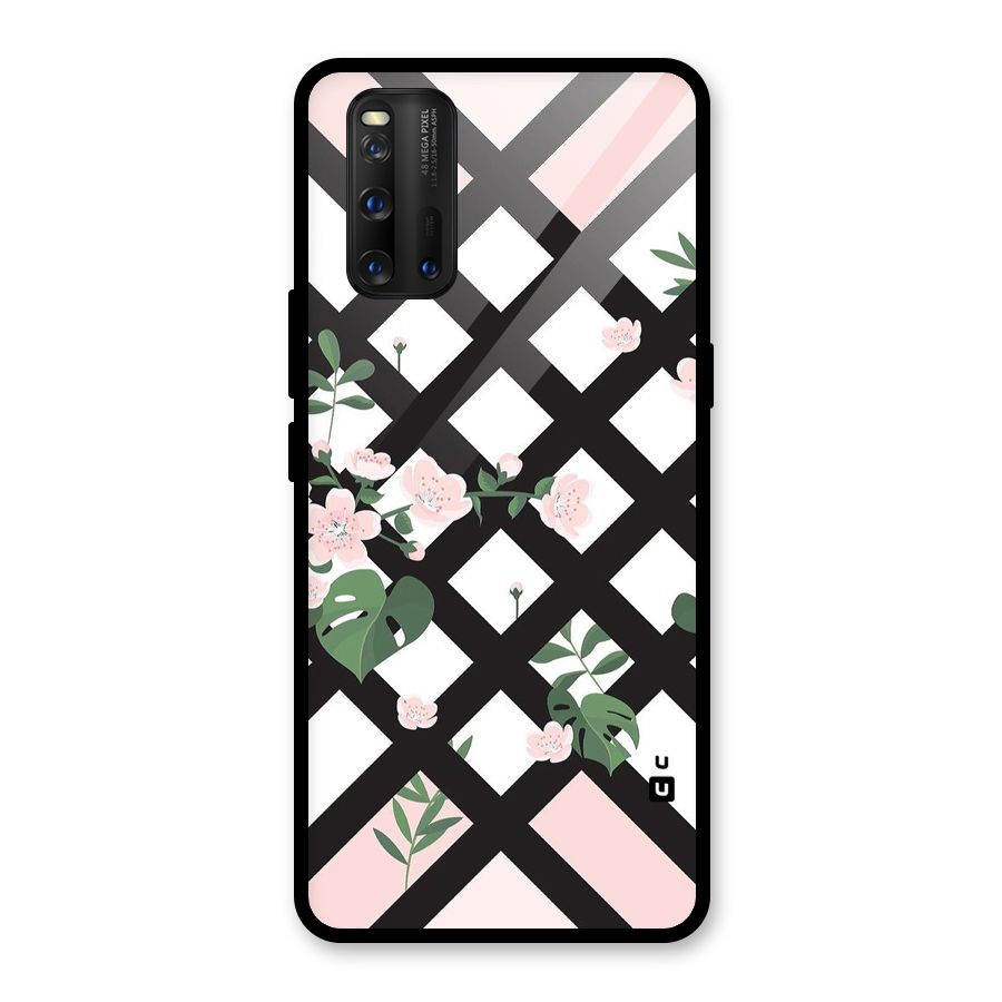 Check Floral Stripes Glass Back Case for Vivo iQOO 3