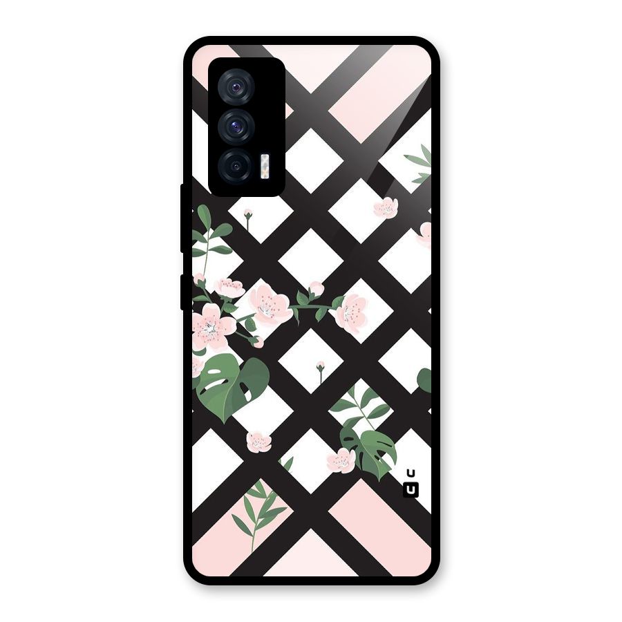 Check Floral Stripes Glass Back Case for Vivo iQOO 7 5G