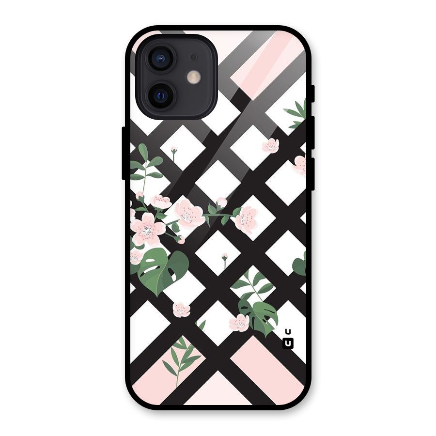 Check Floral Stripes Glass Back Case for iPhone 12