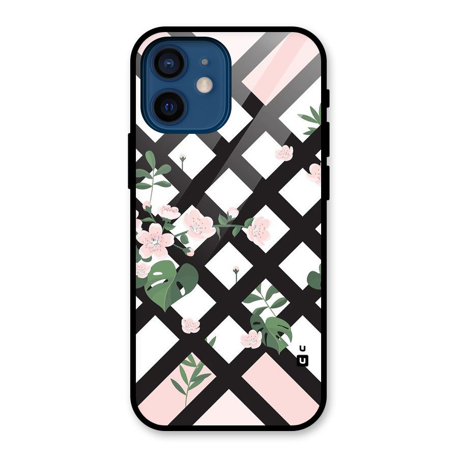 Check Floral Stripes Glass Back Case for iPhone 12 Mini