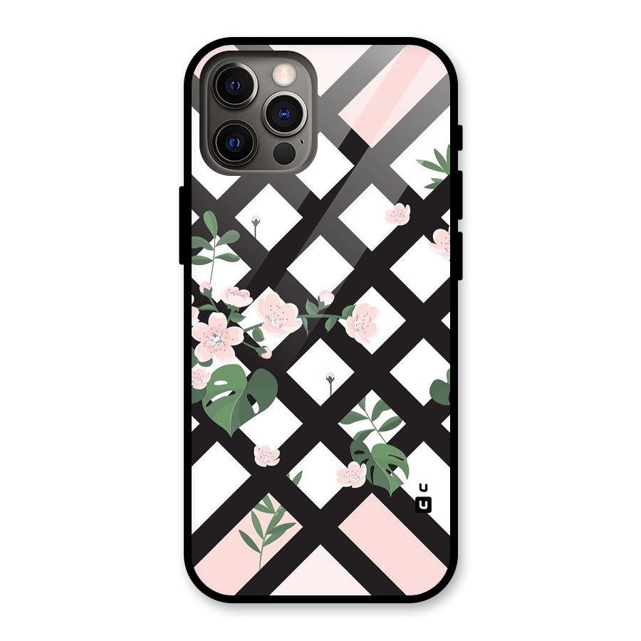 Check Floral Stripes Glass Back Case for iPhone 12 Pro