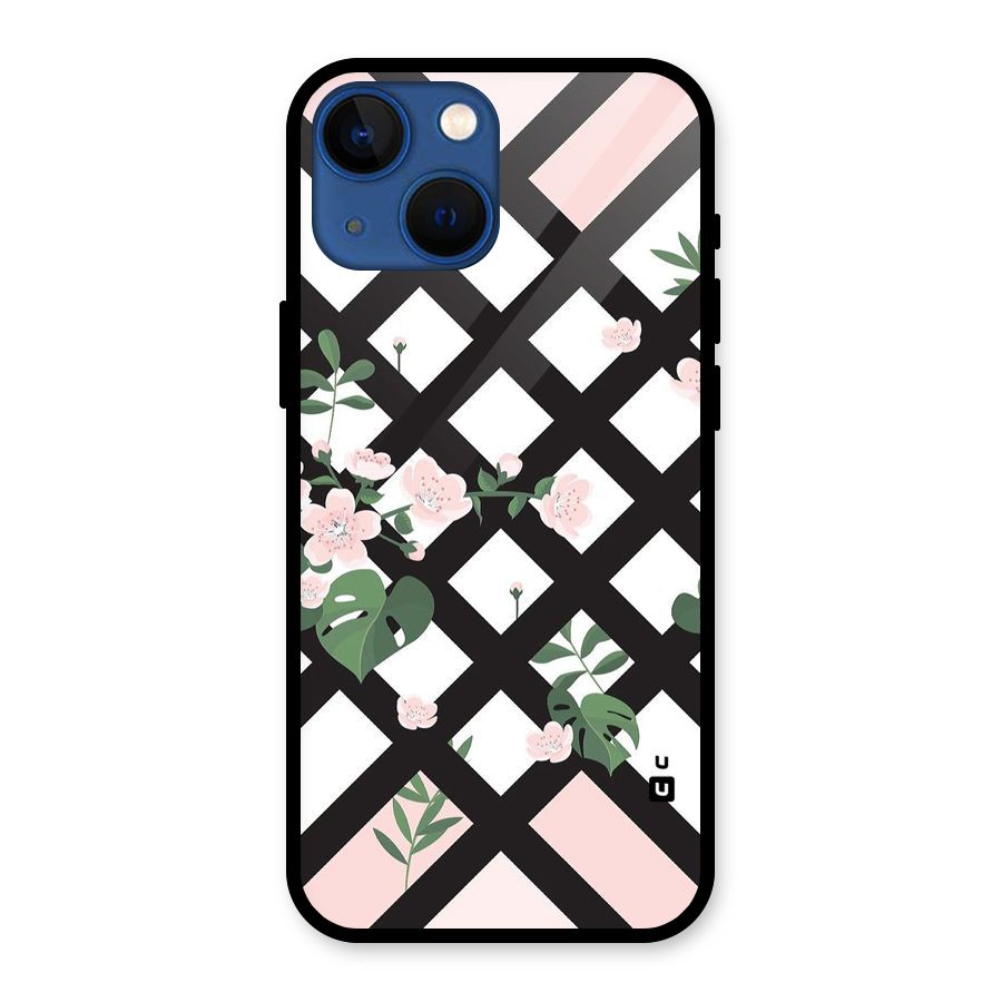 Check Floral Stripes Glass Back Case for iPhone 13 Mini