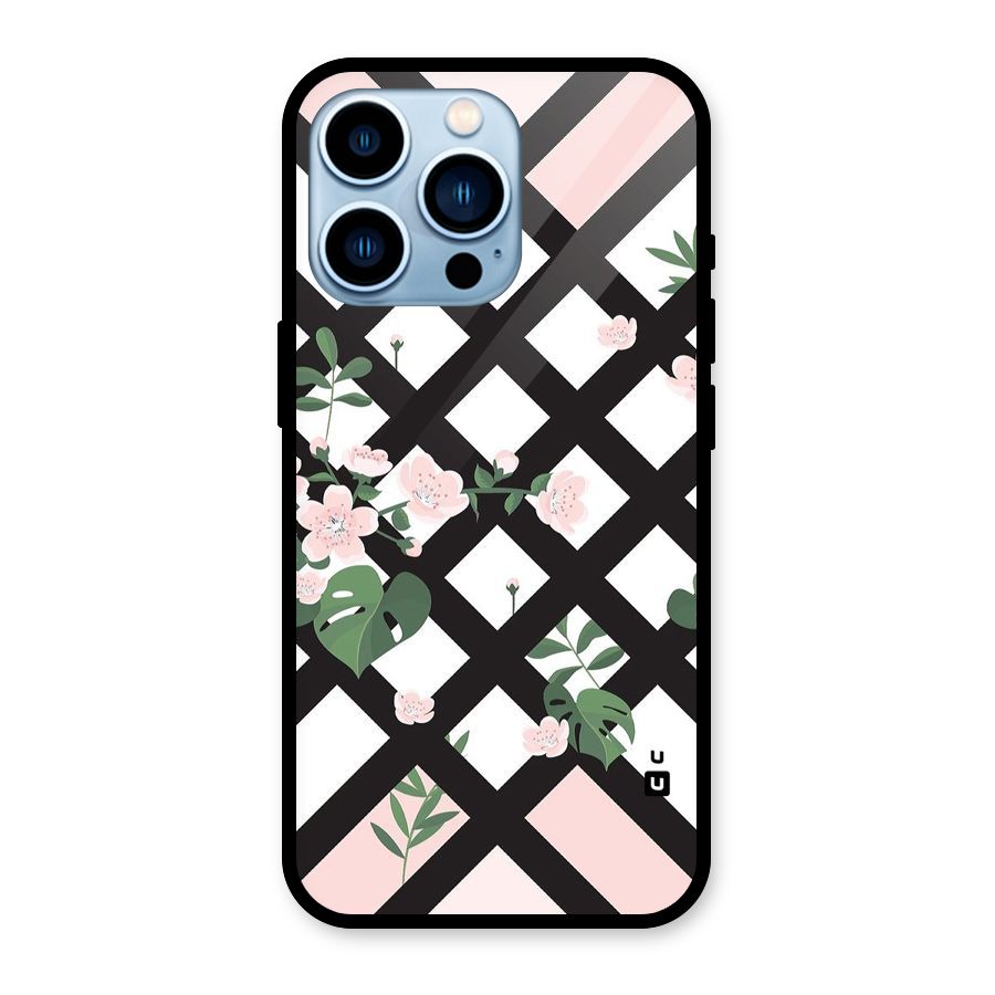 Check Floral Stripes Glass Back Case for iPhone 13 Pro