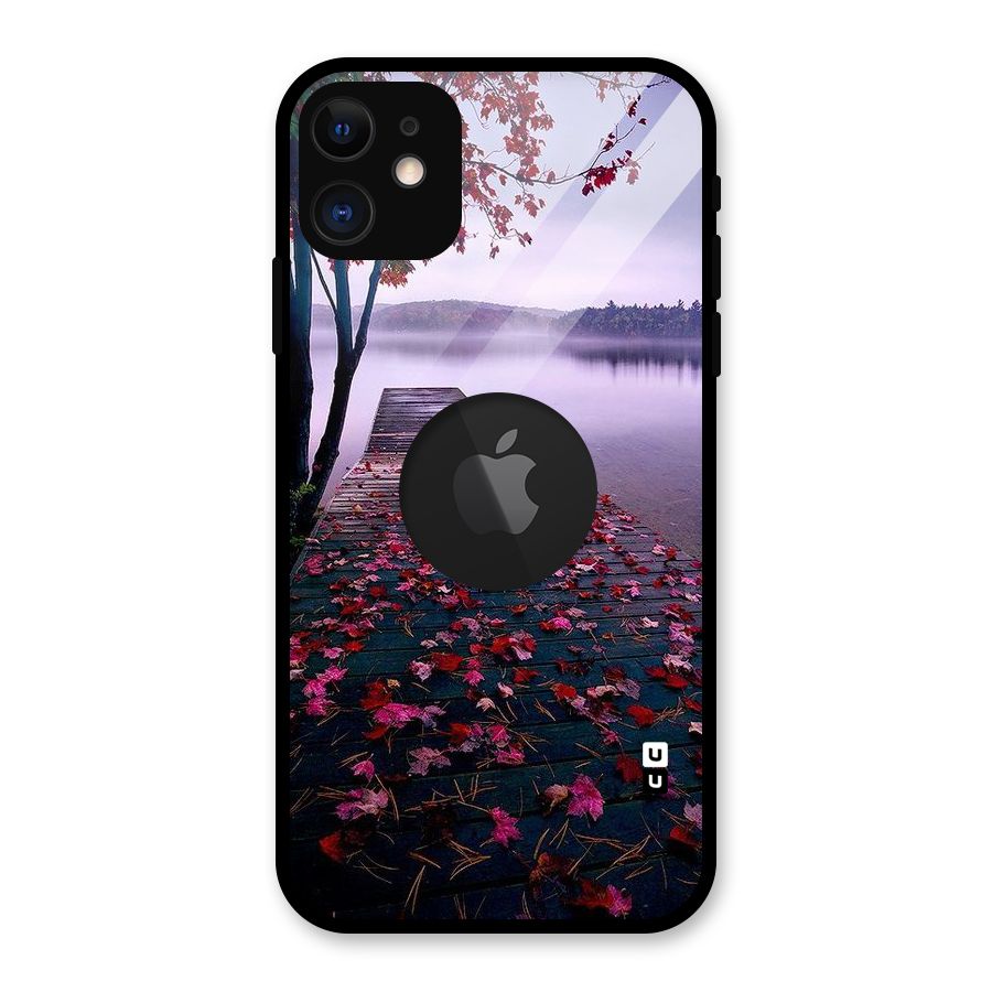 Cherry Blossom Dock Glass Back Case for iPhone 11 Logo Cut