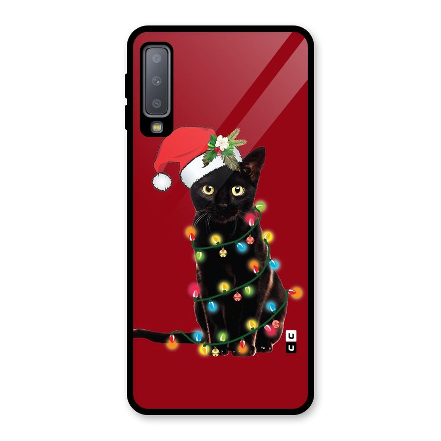 Christmas Cap Cute Cat Glass Back Case for Galaxy A7 (2018)