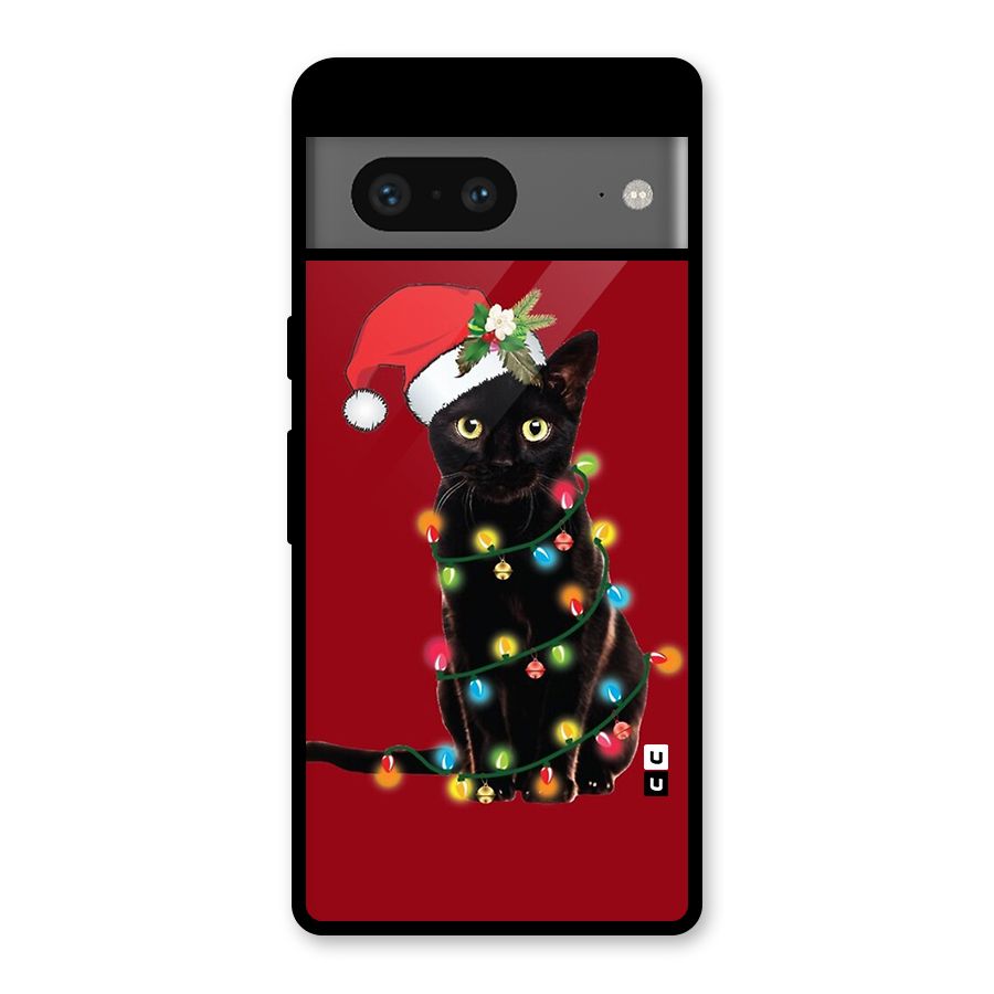 Christmas Cap Cute Cat Glass Back Case for Google Pixel 7