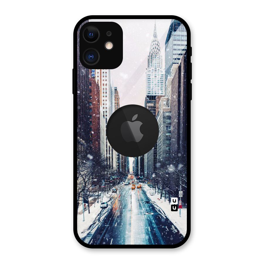 City Snow Glass Back Case for iPhone 11 Logo Cut