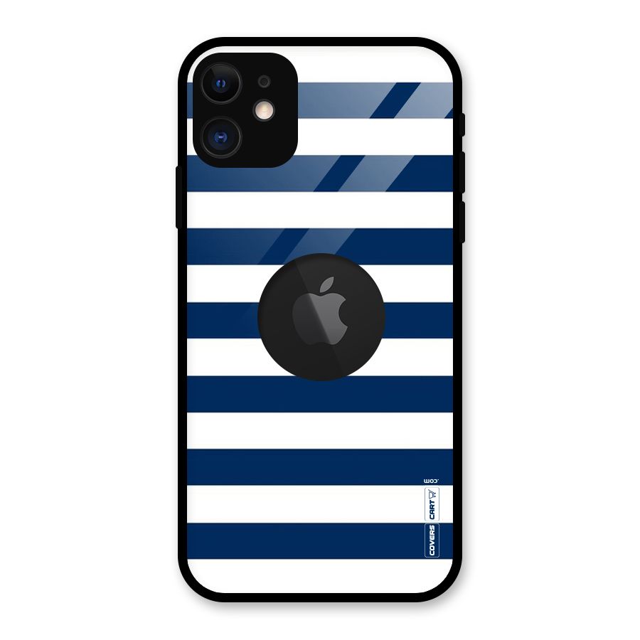 Classic Blue White Stripes Glass Back Case for iPhone 11 Logo Cut