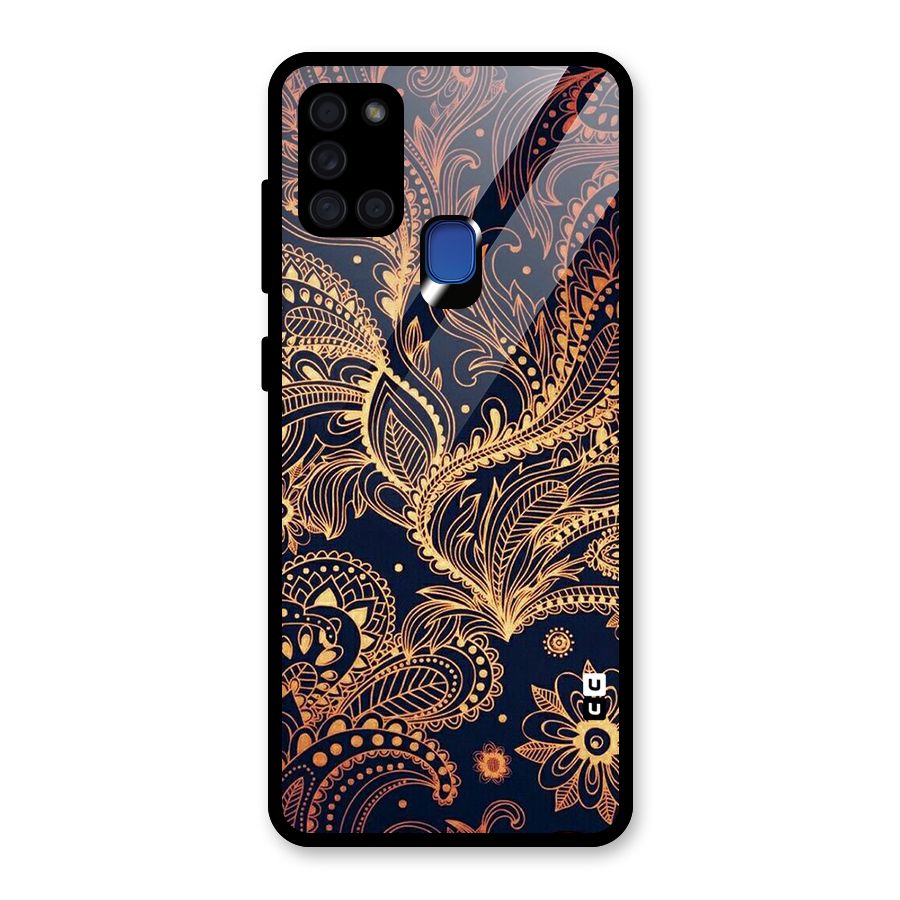 Classy Golden Leafy Design Glass Back Case for Galaxy A21s