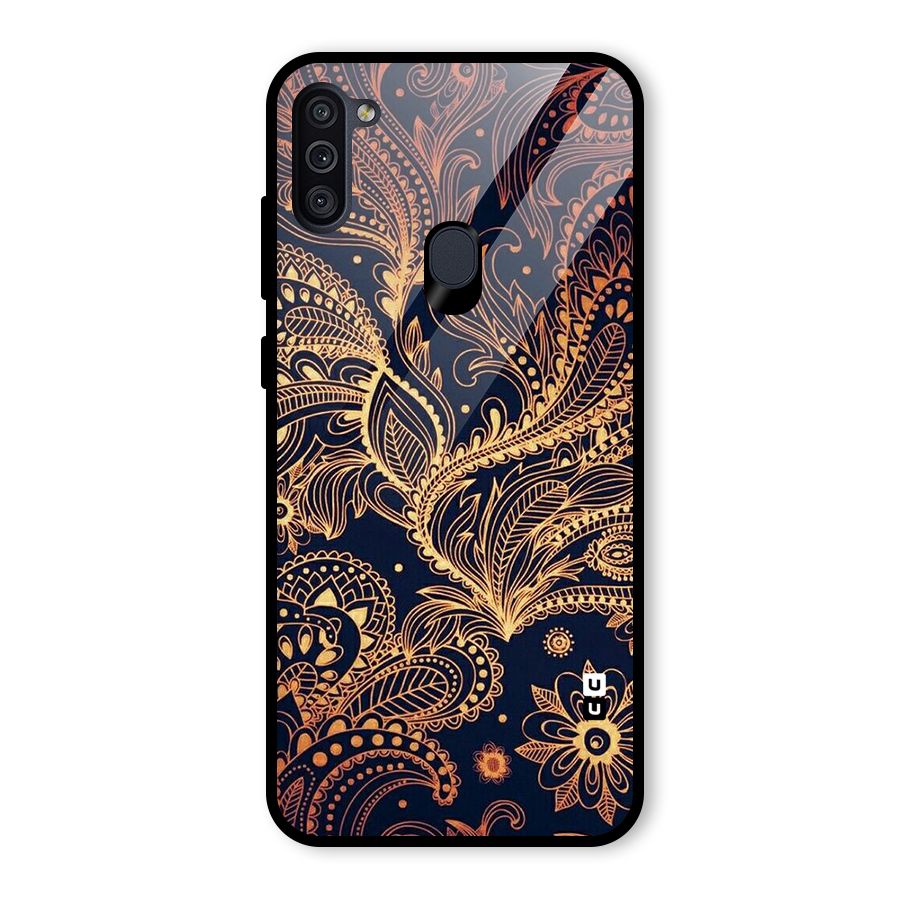 Classy Golden Leafy Design Glass Back Case for Galaxy M11
