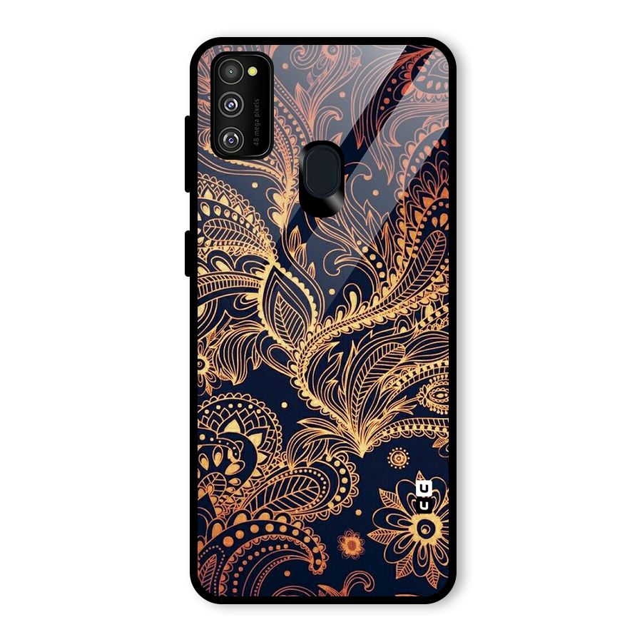Classy Golden Leafy Design Glass Back Case for Galaxy M21